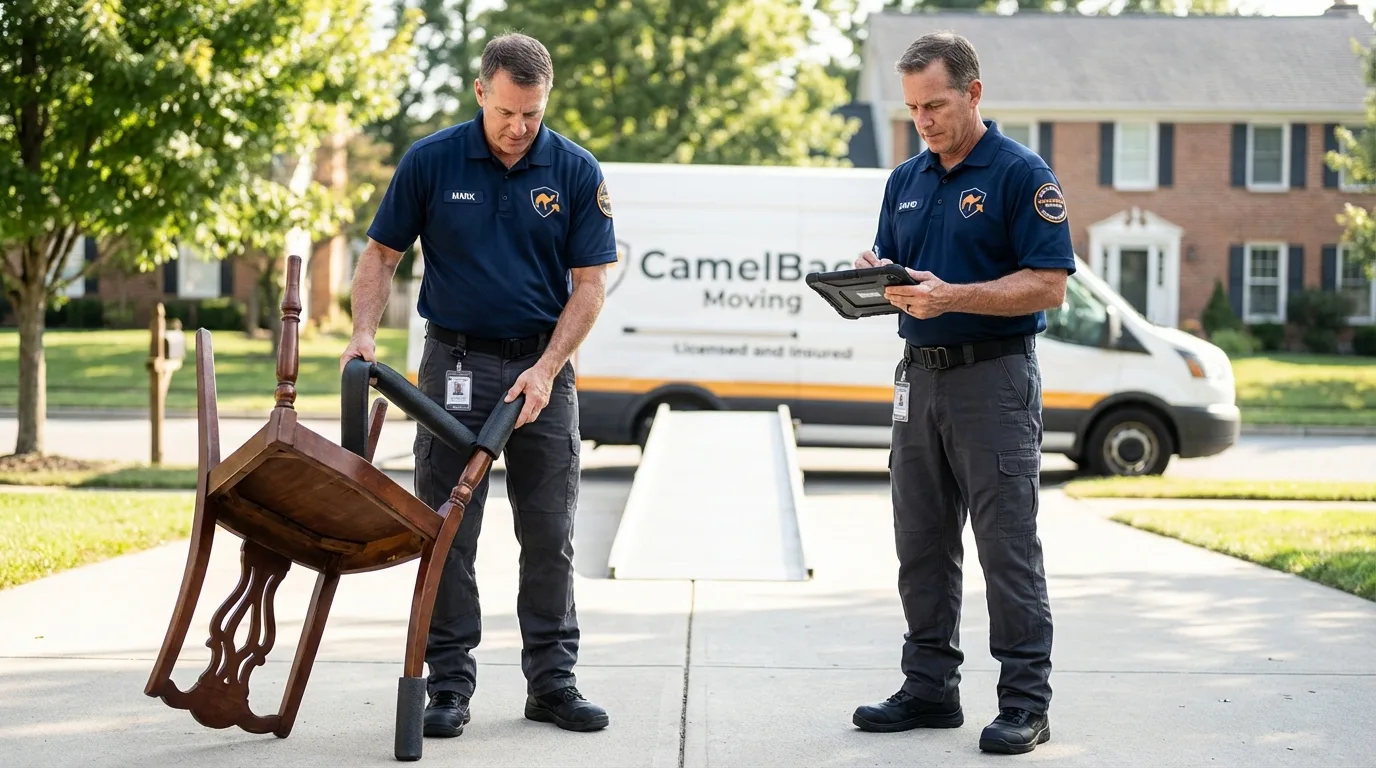 Movers inspecting furniture for damage prevention before loading in Bullhead City, AZ