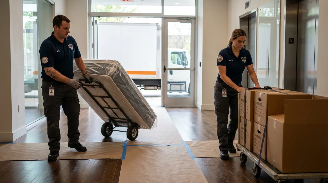 Professional apartment movers loading elevator in Bullhead City, AZ