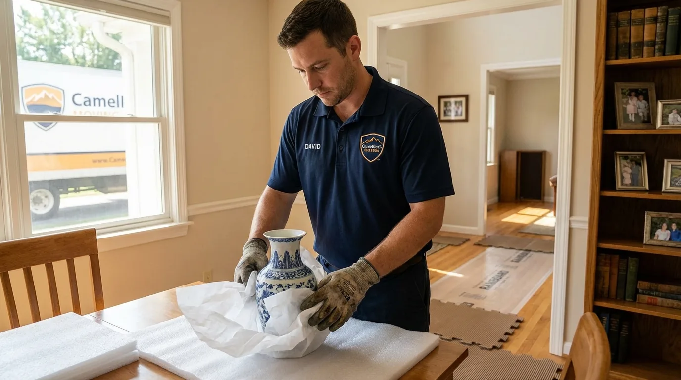 Professional crew carefully wrapping antique vase for senior downsizing move in Bullhead City, AZ